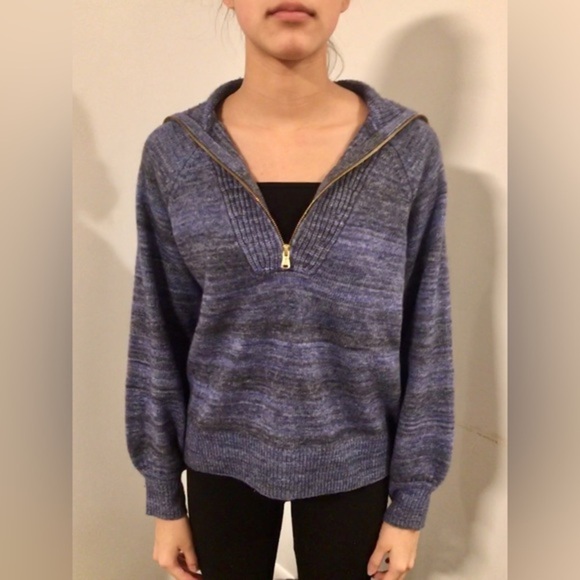 Lot of 2 J CREW Sweaters Blue Zip Turtleneck, Gray Striped Elbow Patches Medium - Picture 5 of 15